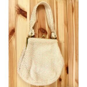 Vintage 50s CORDE BEAD Lumured White Pink Beaded Handbag bridal with Mirror Bag